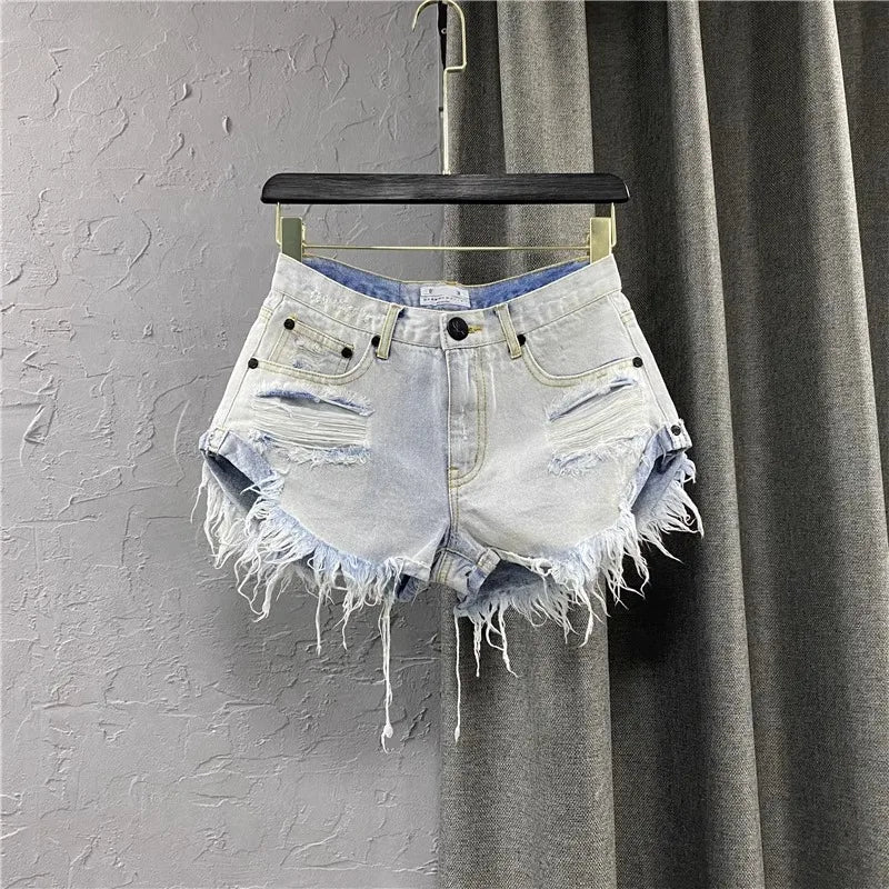 Summer Sexy Shorts Women Korean Style Zipper Frayed Irregular Broken Edge Design Vintage Denim Fashion All-match Slim Streetwear