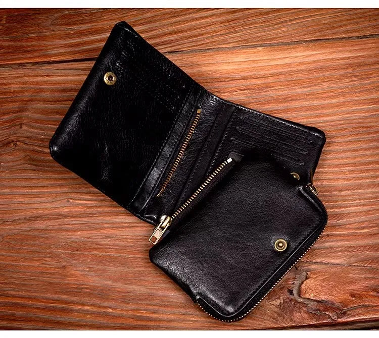 Original vegetable tanned cowhide short wallet, retro top layer cowhide wallet, handmade genuine leather multifunctional wallet