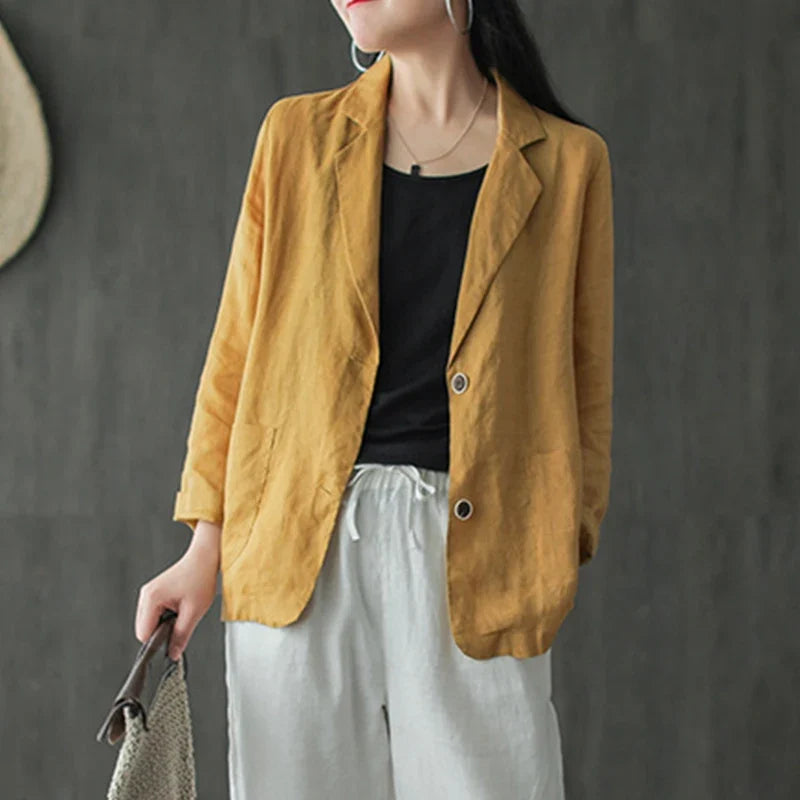 Women Lapel Neck Long Sleeve Blazer Autumn Vintage Casual Solid Cotton Blazer Elegant Cardigan Thin Coats Work Suits