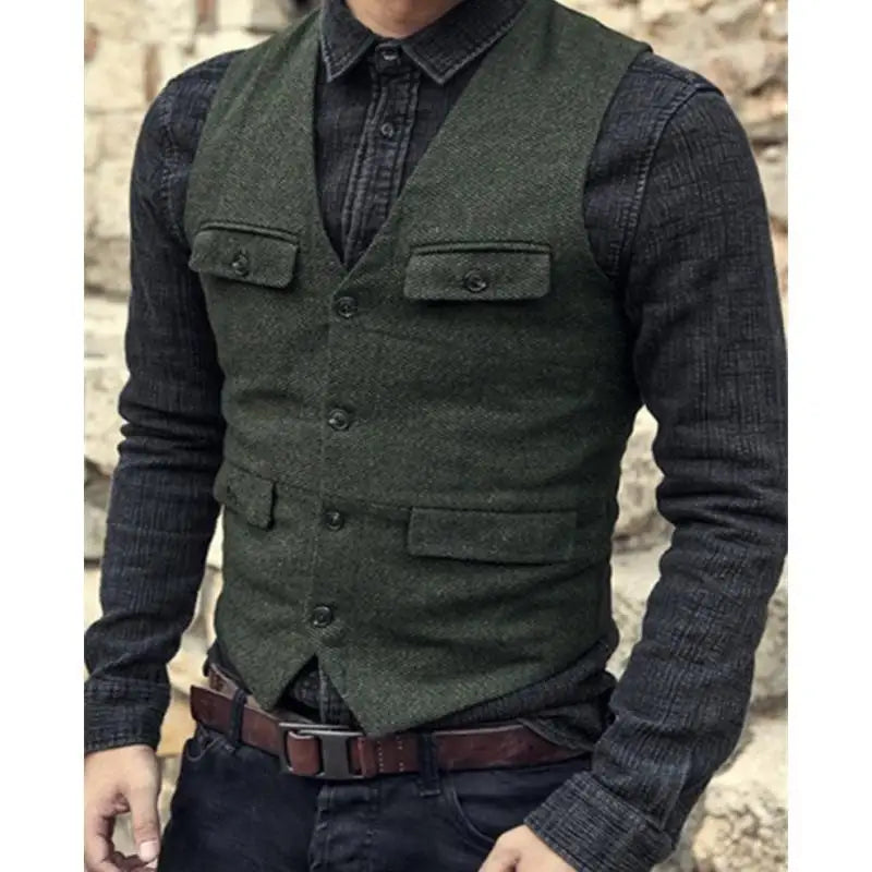 Men Vest V Neck Classic Steampunk Suit Wool Tweed Notch Lapel Thick Tweed For Wedding Groom Banquet Waistcoat