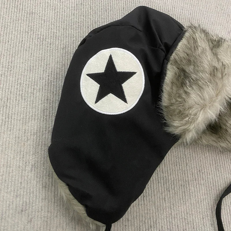 Y2K Star Patch Wool Like Lined Lei Feng Hat Unisex Black Autumn Winter Warm Ear Protection Trapper Hat for Outdoor Activities