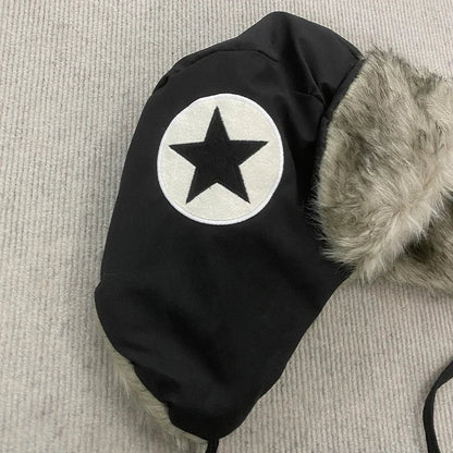 Y2K Star Patch Wool Like Lined Lei Feng Hat Unisex Black Autumn Winter Warm Ear Protection Trapper Hat for Outdoor Activities