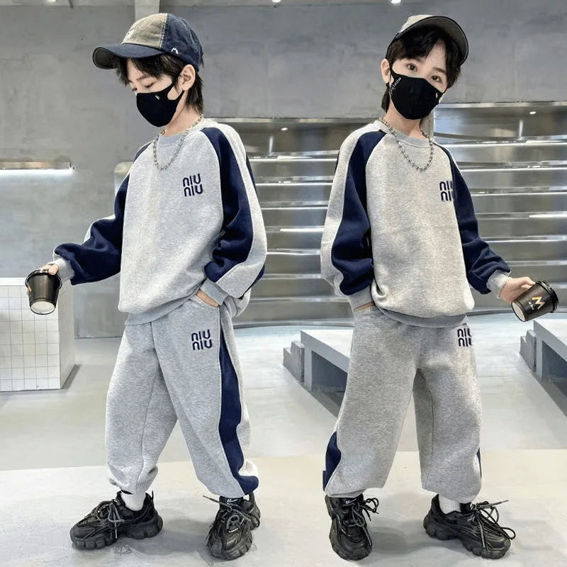 Spring Autumn Boys Embroidery Alphabet Workout Sweatshirt+Sweatpant Set School Kids 2PCS Tracksuit Children Jogger Outfit 7-16Yr