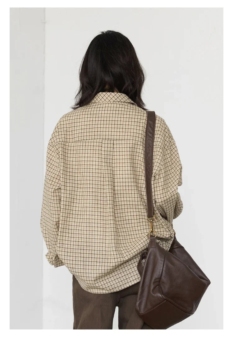 Women Shirt Loose Casual Single-breasted New Retro Contrast Plaid Embroidered Blouses Female Top Autumn Winter 2026