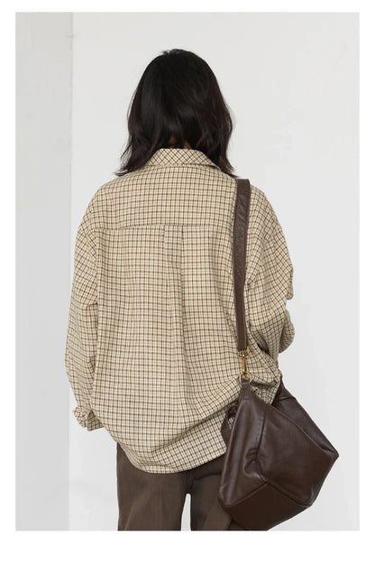 Women Shirt Loose Casual Single-breasted New Retro Contrast Plaid Embroidered Blouses Female Top Autumn Winter 2026