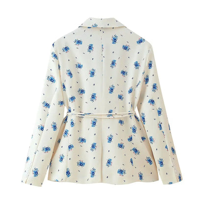 Spring New Faion Women's Suit Jaet Printed Stand Collar Belted Two-color Polyester Fiber Casual Long Sve Coat