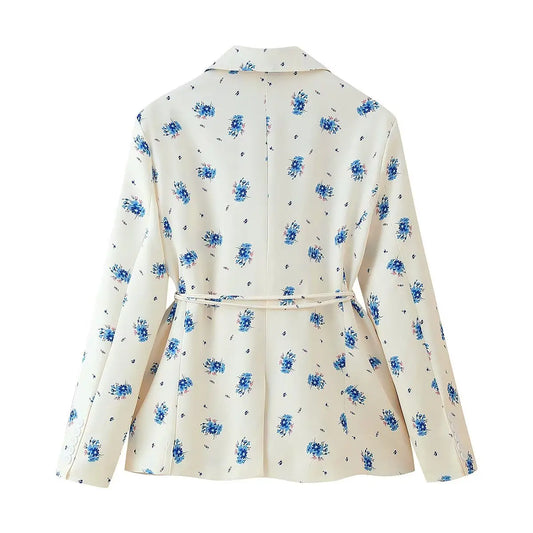 Spring New Faion Women's Suit Jaet Printed Stand Collar Belted Two-color Polyester Fiber Casual Long Sve Coat