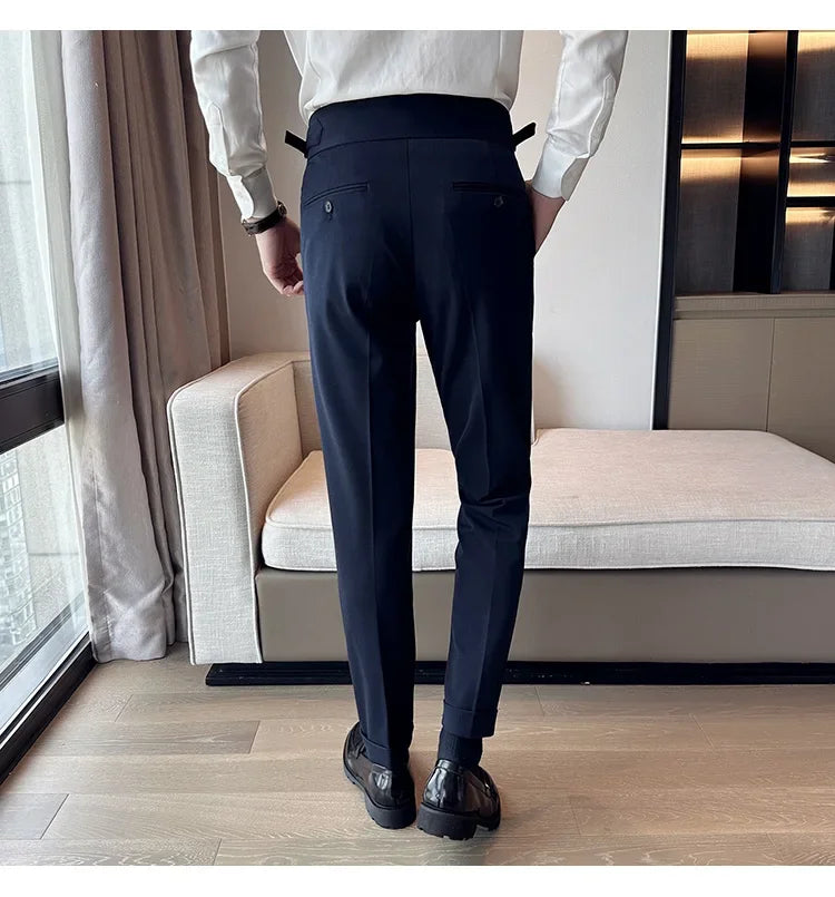 Autumn Winter High Waist Business Dress Pants Men Casual Belt Design Slim Suit Pants Formal Wedding Social Party Male Trousers