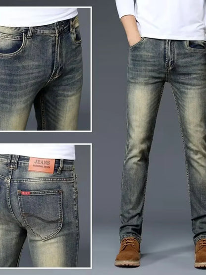 High-End Retro Men's Straight Leg Stretchy Jeans Fashionable Urban Casual Long Trousers Spring Autumn Cotton Stretch Denim