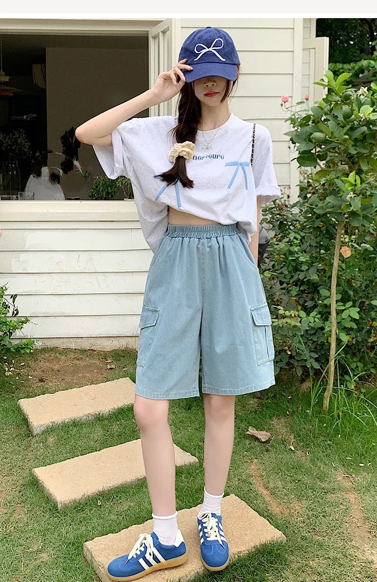 2026 Summer New Women's Denim Shorts Straight Trendy Loose Versatile Dad Shorts Thin Japanese Style Knee-length Pants