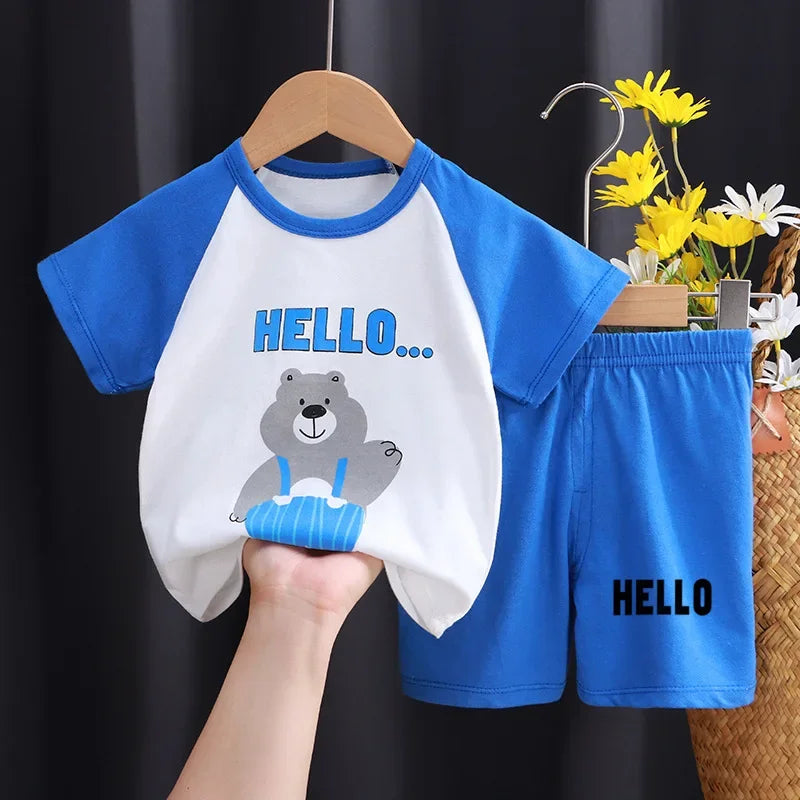 Cotton Short Sleeve T-shirts and Shorts 2PCS Breathable Outfit For Girls New Boys Summer Clothing Set Full Bear Print