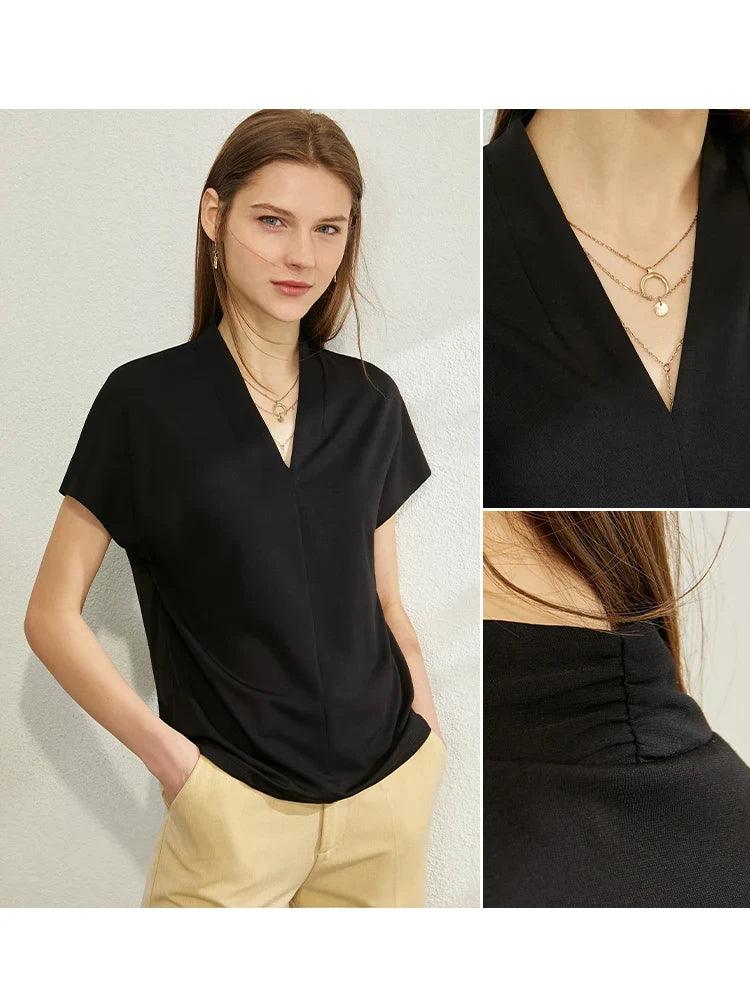 Minimalism 2026 Summer Women's T-shirt Classic Style Casual V-neck Short Sleeve Solid Stretch Female Tops & Tees 12312013