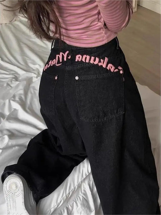 High Waist Bastitch Letter Print Denim Jeans Women's Summer New Sle Sweet Cool Spicy Girl Trendy Long Pants