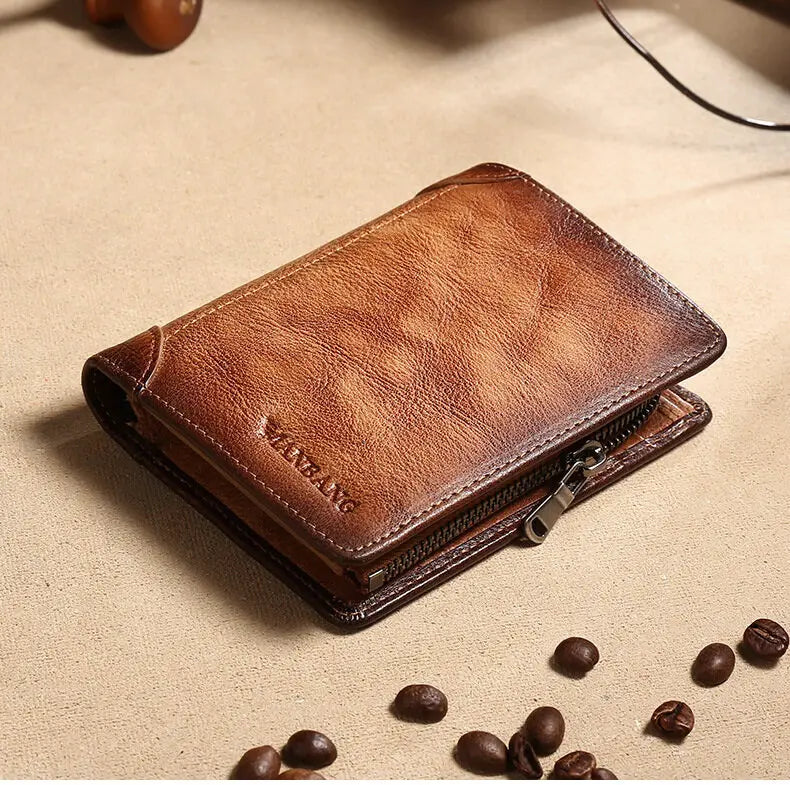 Brand Luxury Men's Wallet Zipper Short First Layer Cowhide Purse Three Fold