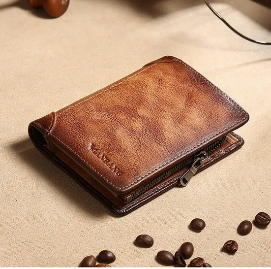 Portefeuille de luxe pour homme avec fermeture éclair, court, en cuir de vachette première couche, trois volets