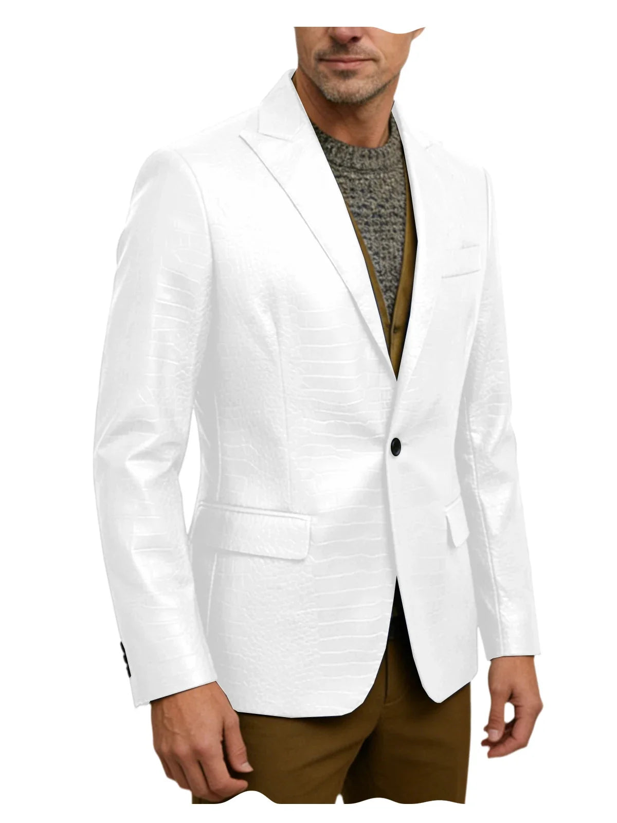 Vintage Men's Crocodile Embossed Leather Blazer Notch Lapel 1 Button Jacket Business Casual Formal Luxury Coat With Flap Pockets
