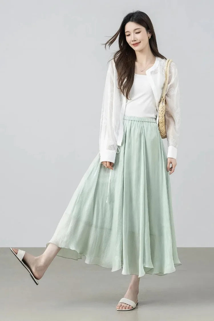 Women's Gray Elegant Skirt 2026 Summer Elastic Waist Sheen Flowy A Line Long Skirt for Woman Ladies Clothes 162QG4909