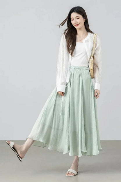 Women's Gray Elegant Skirt 2026 Summer Elastic Waist Sheen Flowy A Line Long Skirt for Woman Ladies Clothes 162QG4909