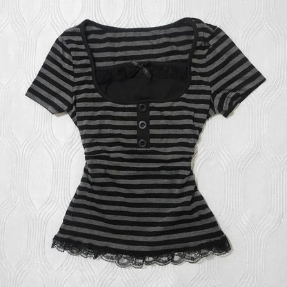 Gothic Harajuku Y2K Women's Crop Top Casual Slim Fit Striped Lace Bow Button Design Short Sleeve T-Shirt Chic Trendy Streetwear