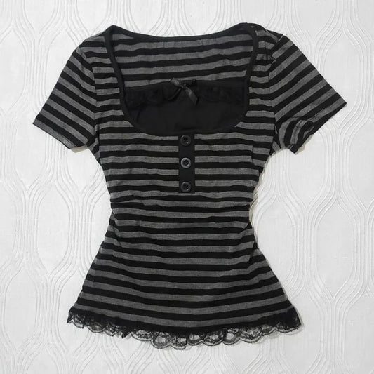 Gothic Harajuku Y2K Women's Crop Top Casual Slim Fit Striped Lace Bow Button Design Short Sleeve T-Shirt Chic Trendy Streetwear