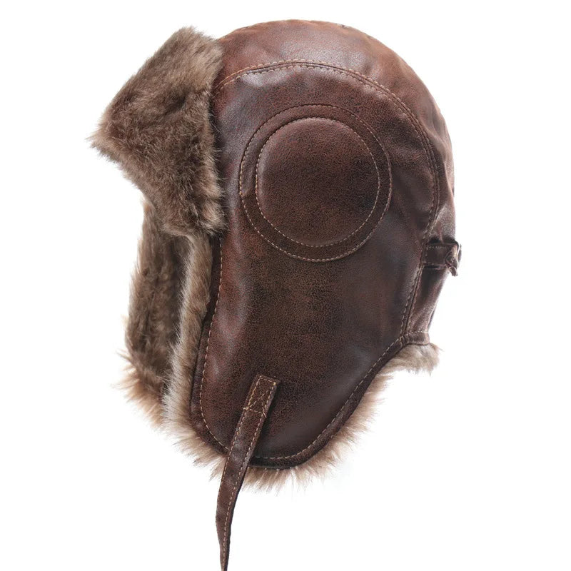 Winter Men Bomber Hat With Goggles Outdoor Motorcycle Windproof Warm Faux Fur Pilot Earflap Hat Leather Thermal Ushanka
