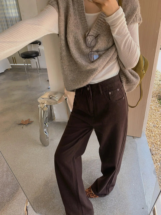 7 Colors Brown High Waist Straight Jeans Women Vintage Wide Leg Full Length Cotton Denim Pants Autumn 2024