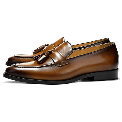 Men's Brown Leather Tassel Loafers, Formal Slip-on Dress Shoes for Business, Wedding