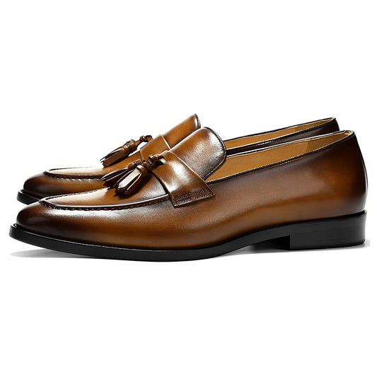 Men's Brown Leather Tassel Loafers, Formal Slip-on Dress Shoes for Business, Wedding