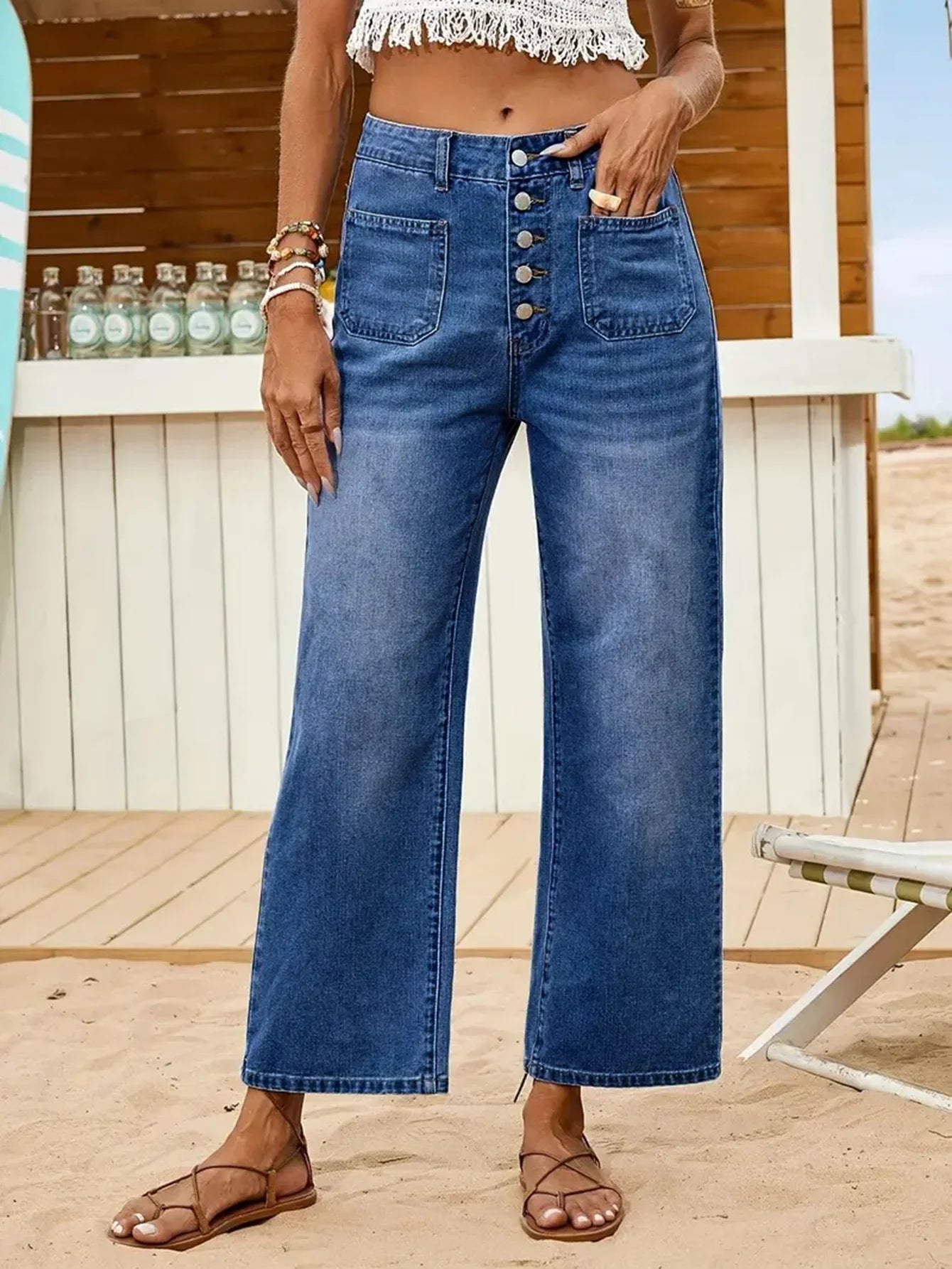 Women's Straight Leg Denim Jeans with Multi-Button Closure - Dark Wash Blue Denim Pants for Comfort and Style