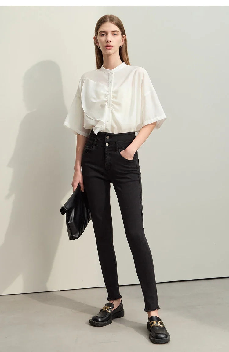 Minimalism 2025 Women Shirt Summer New Commuter Stand Collar Asymmetric Female Blouse Drop Shoulder Loose Tops 12422008