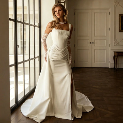 Mermaid Wedding Dresses 2026 Strapless Pleated Satin White Bridal Gown with Sweep Train for Women robe de mariée Customized