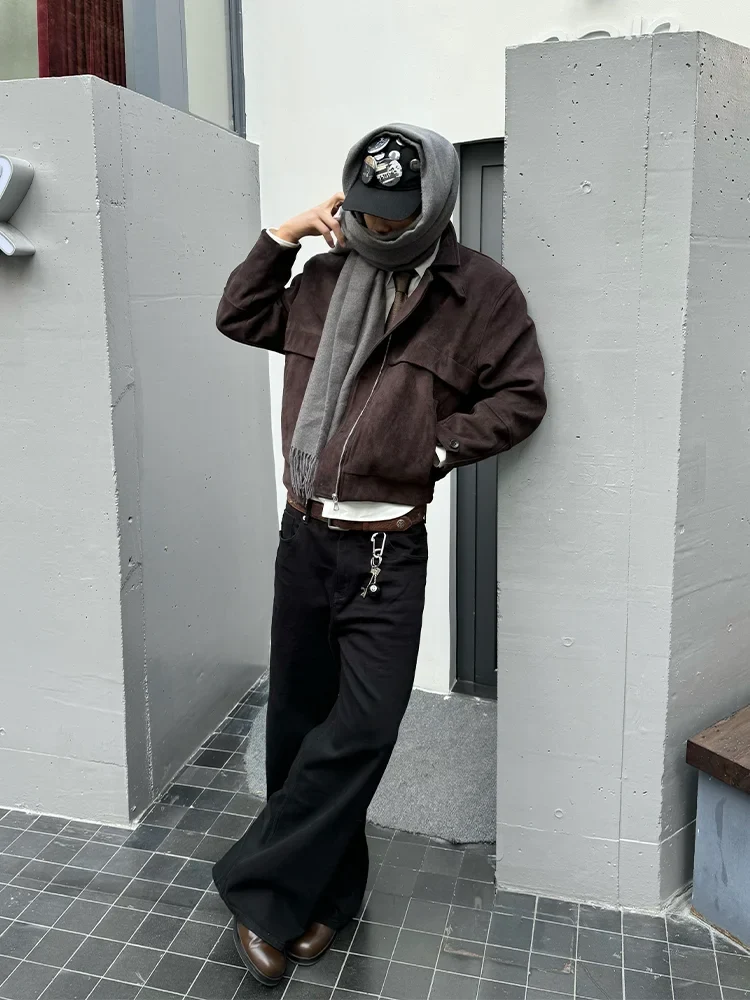 Spring Autumn Cool Short Soft Brown Faux Suede Leather Jacket Men Turn-down Collar Zipper Luxury Designer Clothes