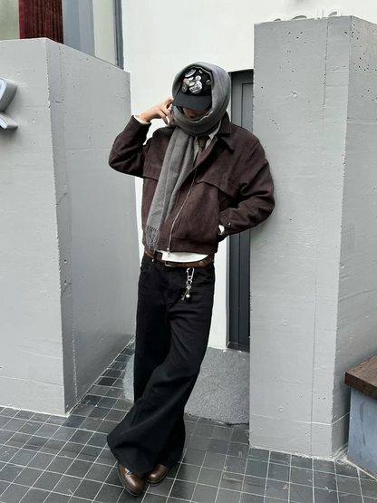 Spring Autumn Cool Short Soft Brown Faux Suede Leather Jacket Men Turn-down Collar Zipper Luxury Designer Clothes