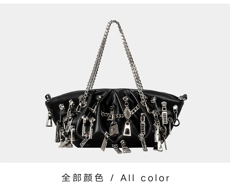 Punk Style Ruched Dumpling Armpit Bag 2025 Multi Zipper Head Decoration Women's Shoulder Bags Spicy Girl Y2K Handbags
