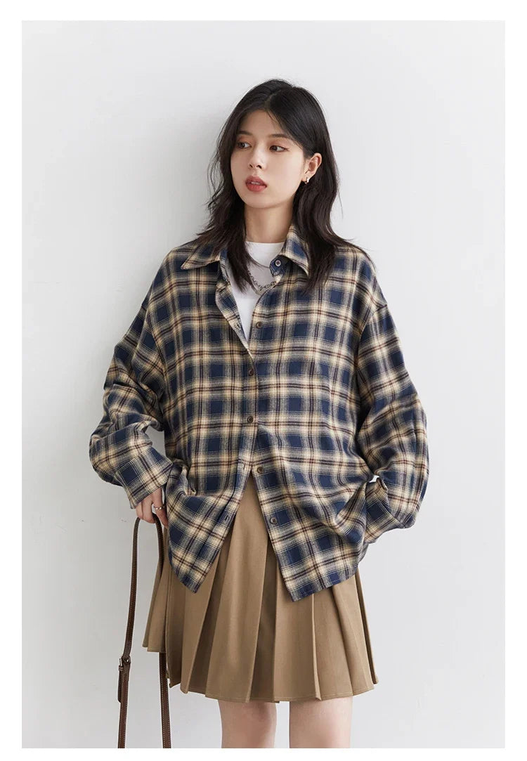 Women Shirts Loose Casual New Sanding Plaid Shirt Long Sleeve Medium Long Length Blouses Female Tops Spring Autumn 2025
