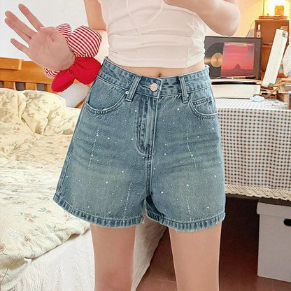 Fashion Rhinestone Denim Shorts for Women Light Blue Summer New Loose Wide Leg Short Pants Korean High Waist Washed Jeans Shorts