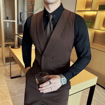 High-end Double-breasted Suit Vest With Pants 2024 New Men Fashion Slim Business Casual Best Groom Wedding Dress Vest  2 Pcs Set