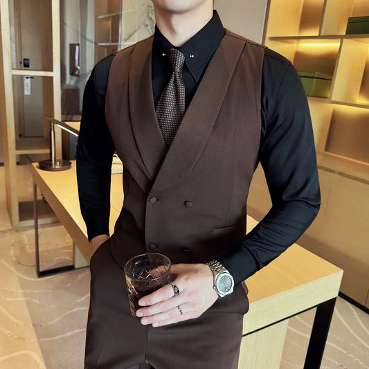 High-end Double-breasted Suit Vest With Pants 2024 New Men Fashion Slim Business Casual Best Groom Wedding Dress Vest  2 Pcs Set
