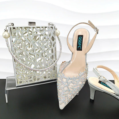 Nigerian Style Elegant Women's Party Shoes  Luxury Full of Diamonds Shoes Sky Blue Pointed High Heel Shoe Bag Set