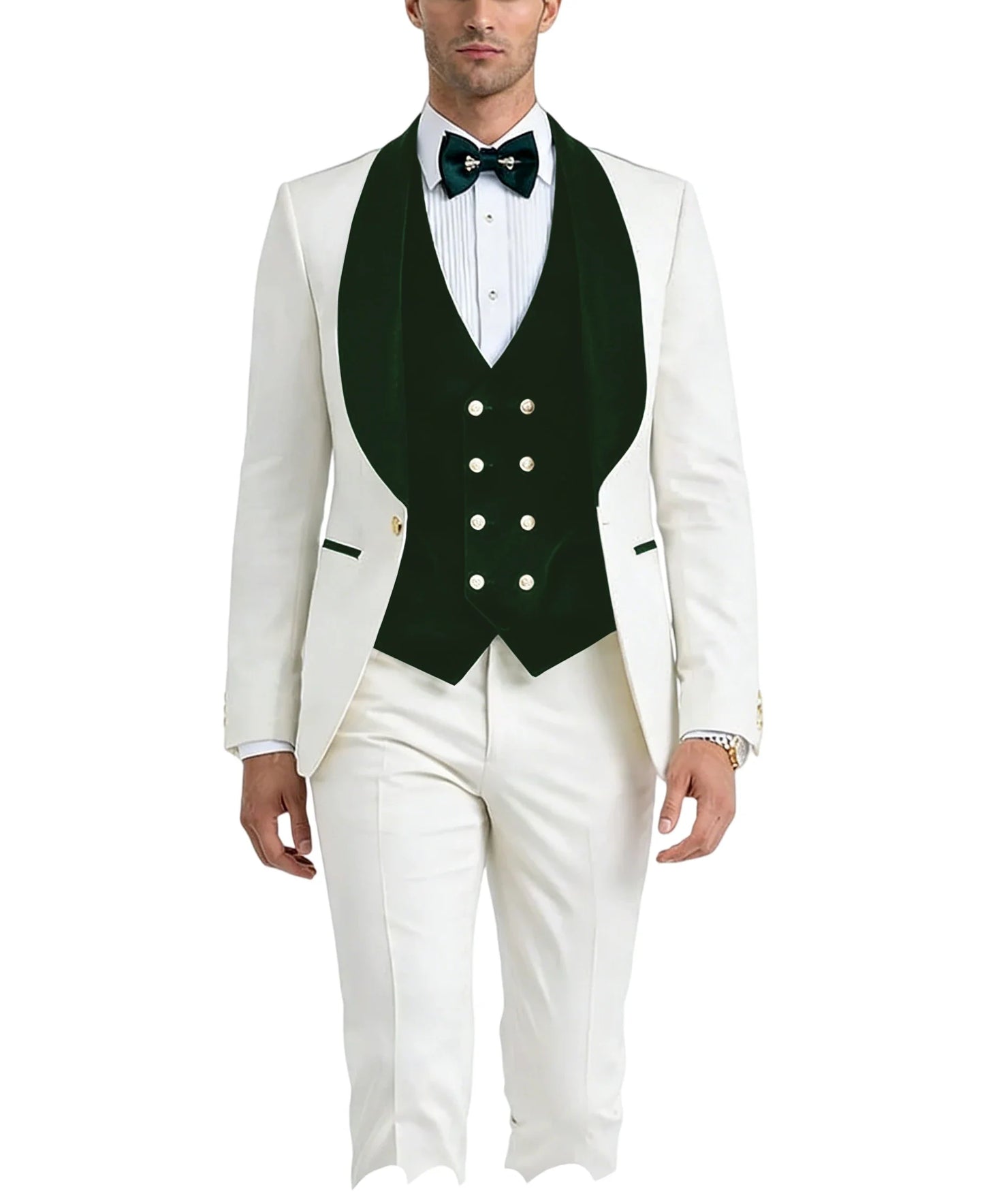 Men White Tuxedo Suit 3 Piece Shawl Lapel Slim Fit 1 Button Velvet Collar Patched Blazer Vest Pants Set for Wedding Party Groom