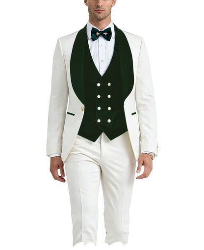 Men White Tuxedo Suit 3 Piece Shawl Lapel Slim Fit 1 Button Velvet Collar Patched Blazer Vest Pants Set for Wedding Party Groom