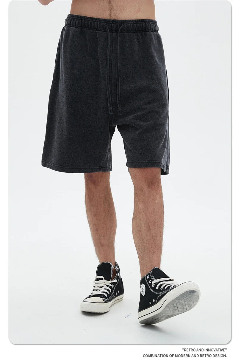 Fashion Summer Men 420gsm Washed Cotton Shorts Retro Unisex High Street Terry Knee Length Short Pants Streetwears HY0845