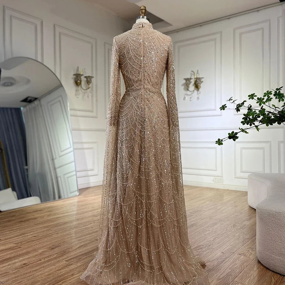 Customized 2026 Muslim Nude Mermaid Cape Sleeves Luxury Evening Gown Pearls Beaded Dress for Women's Party Prom Dresses