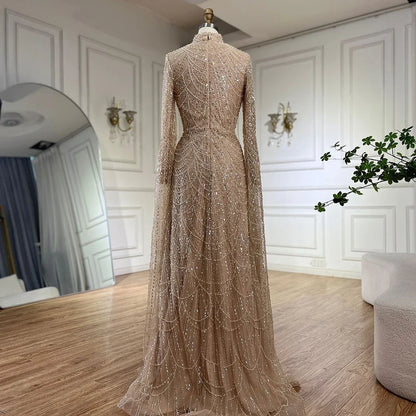 Customized 2026 Muslim Nude Mermaid Cape Sleeves Luxury Evening Gown Pearls Beaded Dress for Women's Party Prom Dresses