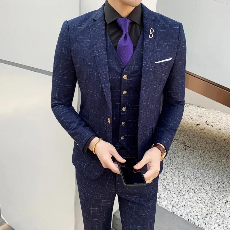 High Quality Slim-fit Men's Three-piece Suit with Vest And Trousers - Double Buckle Wedding Art Fabric Tough Man Suit