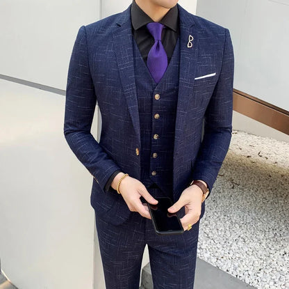 High Quality Slim-fit Men's Three-piece Suit with Vest And Trousers - Double Buckle Wedding Art Fabric Tough Man Suit