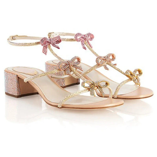 Crystal High-heeled Shoes Female 2025 New Summer Bow Rhinestone Thick Heel Sandals.