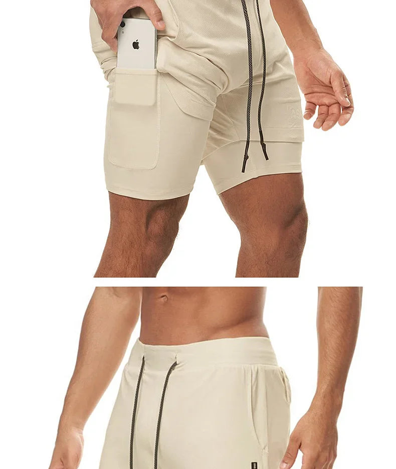 Men's 2 in 1 Double-deck Gym Shorts Quick Dry Summer Running Workout Shorts Zipper Pockets Slim Fit Fitness Training Short Pants
