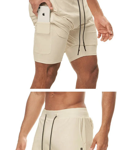 Men's 2 in 1 Double-deck Gym Shorts Quick Dry Summer Running Workout Shorts Zipper Pockets Slim Fit Fitness Training Short Pants