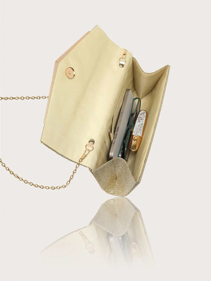 Elegant and Lightweight Pleated Metal Strip Flap Party Women's Clutch, Exquisite and Charming Women's Business Bag, Shiny Metal Strip Flap Women's Evening Bag and Fashionable Small Square Bag, Complete with a Gorgeous Rhinest